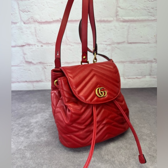 Gucci GG Marmont Matelasse Small Red Quilted Chain Backpack - Picture 1 of 15